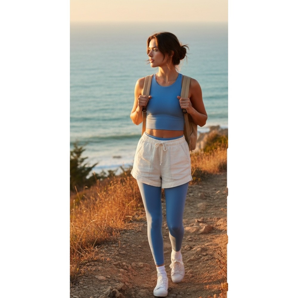 Move Theology Blue Ribbed Criss Cross Back Crop Tank Sports Bra Top Size S EUC